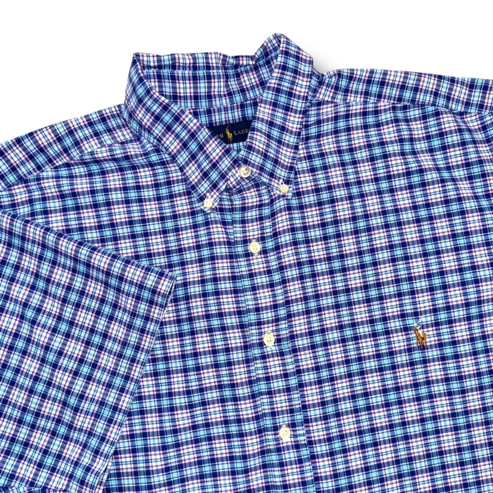 Ralph Lauren Mens 2XB Plaid‎ Button Down Shirt Short Sleeve Blue
